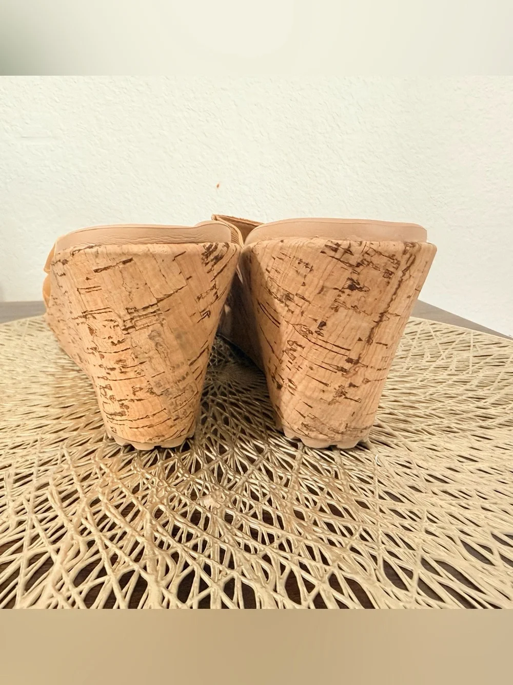 Crocs A- Leigh Tan Leather Wedge Slide Sandals Women Size 8 Cork Detail Comfort